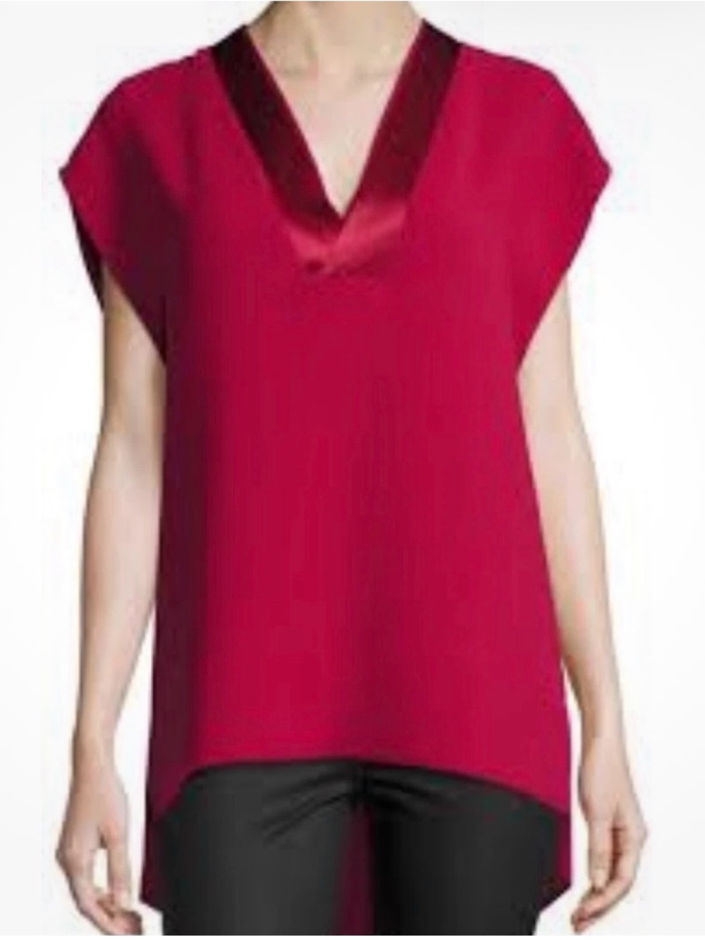 Vince Burgundy V-Neck Cap Sleeve Tunic with Satin Contrast Trim